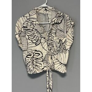 Rachel Zoe‎ Women's Leaf Print Linen Blend Tie Front Tropical Shirt Size Small